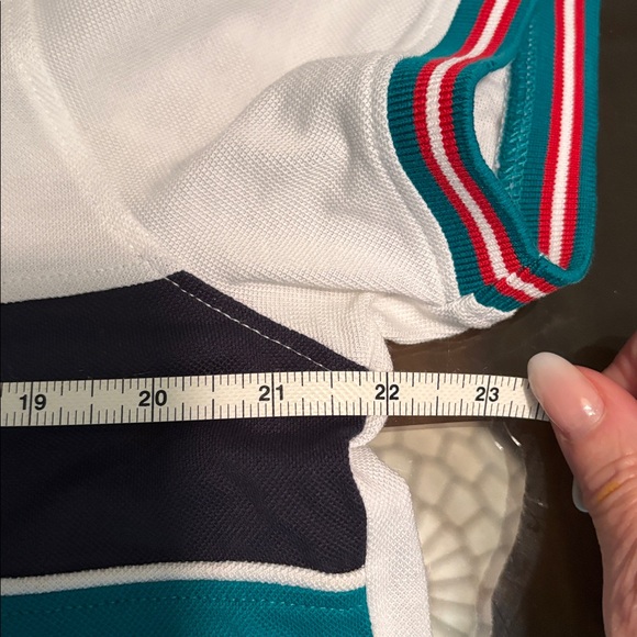 Harmont & Blaine White Polo with Teal and Navy Color Block Stripes - Picture 11 of 12